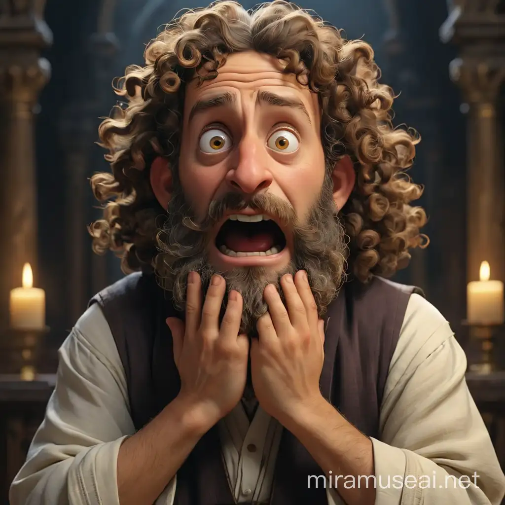 The rabbi clutched his head with two hands, we see them, he is really scared; something frightened him. He has curls at the temples and is dressed in traditional Jewish clothing. We see him in full growth. In the style of realism, 3D animation.