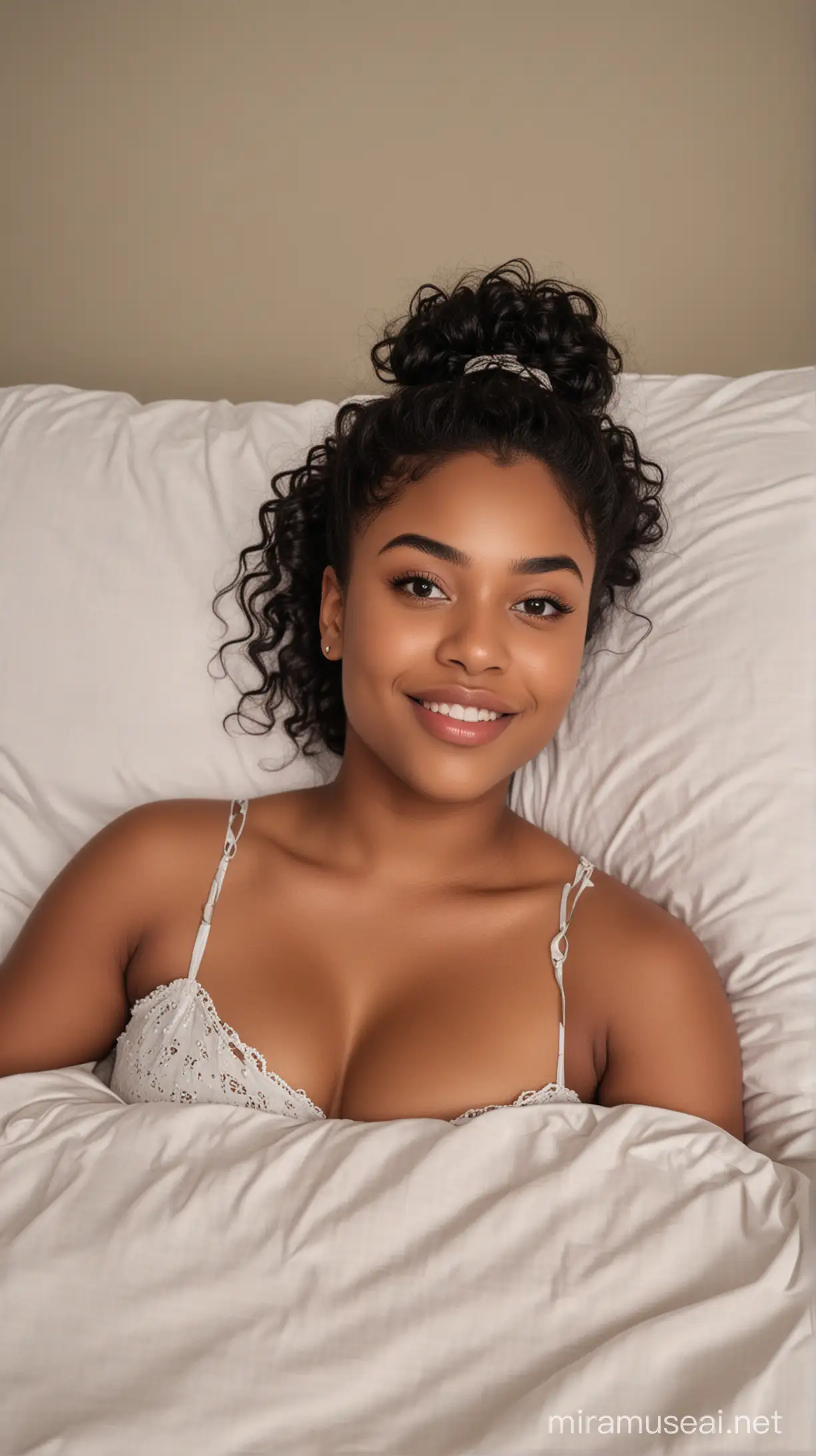A 17 year old fat black woman with small eyes, wide lips, weak chin, small nose and long curly black hair with a bun at back wearing a short threaded night dress and lying on the bed sideways and smiling