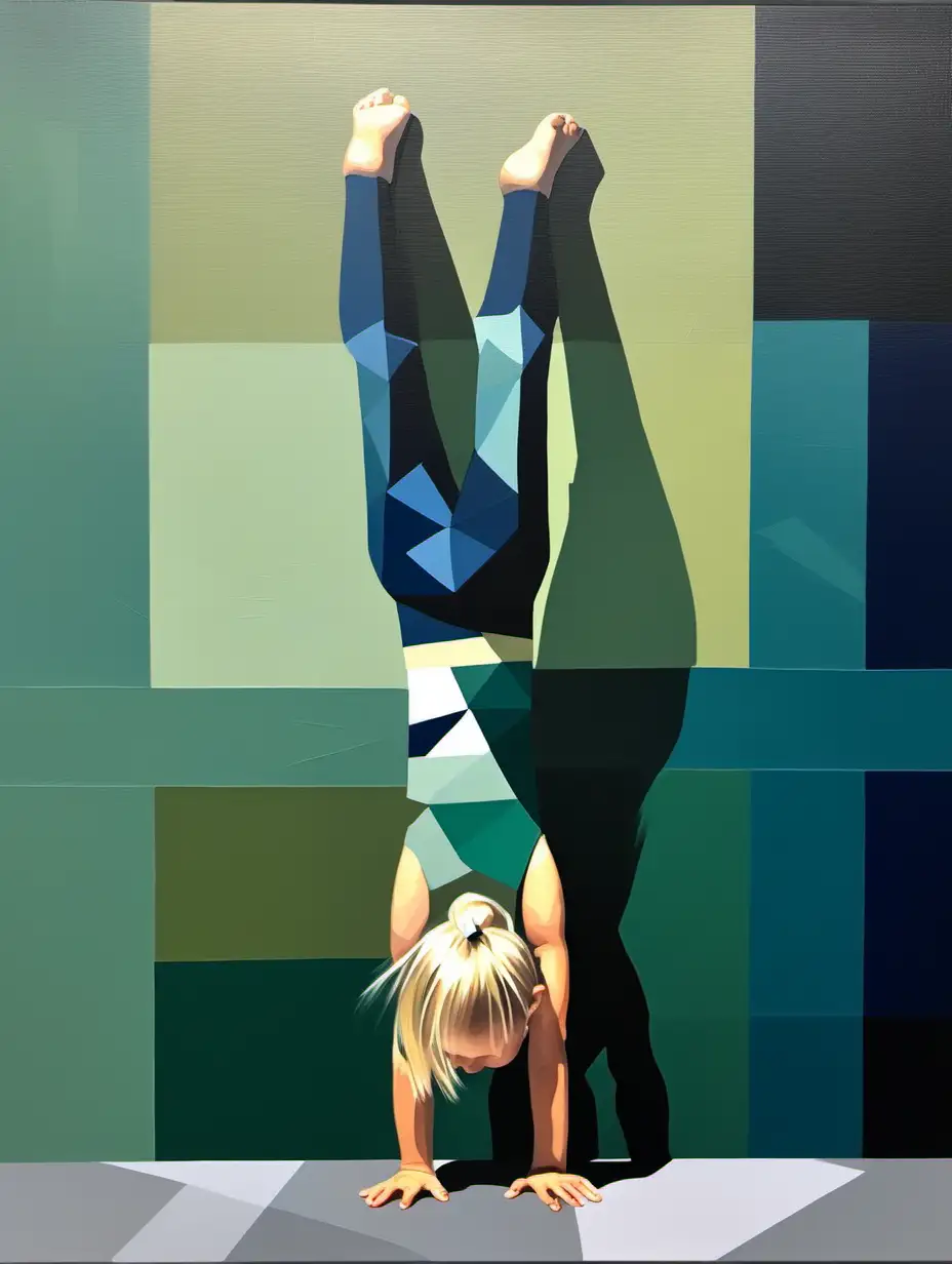 Abstract Geometric Oil Painting Blonde Girl Handstanding in Navy Sage and Dark Green Palette