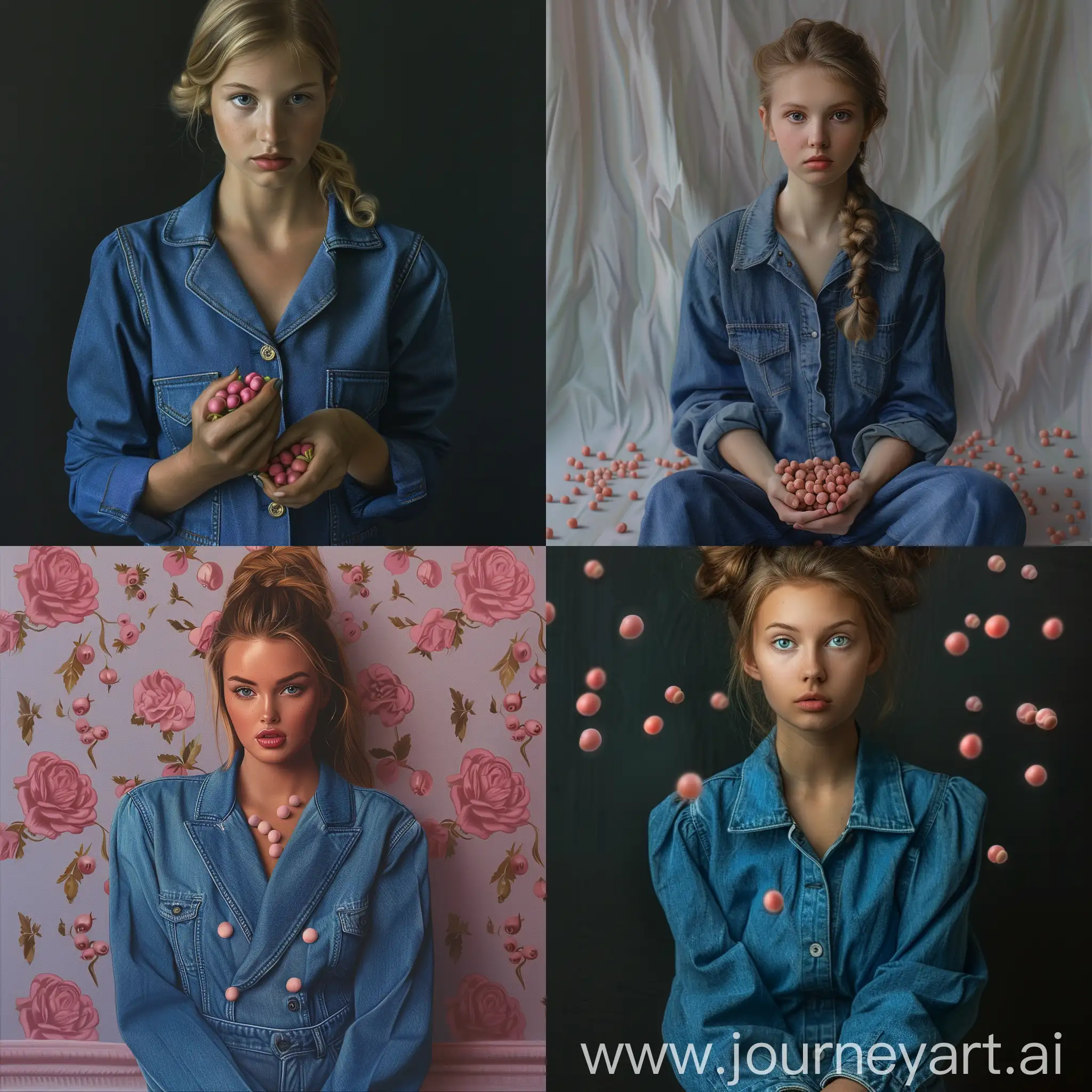 Photorealism: A girl of model appearance in a blue denim suit and packing pepper pink peas