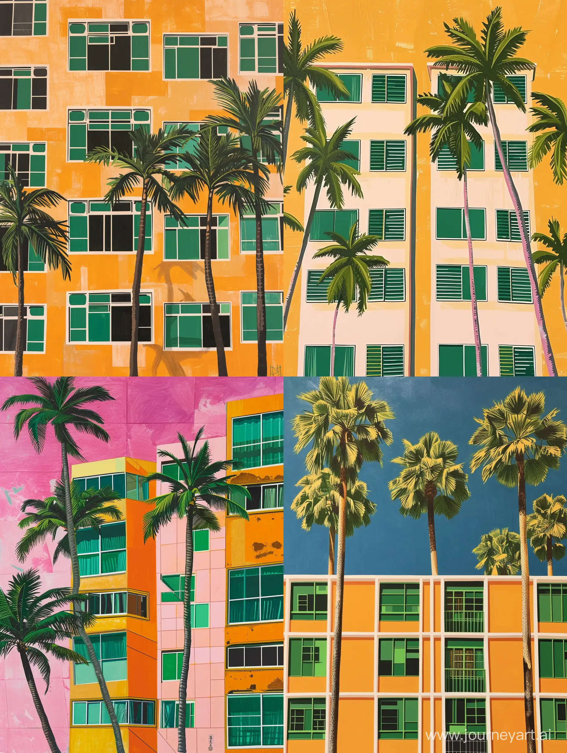 Hiroshi Nagai's painting depicting a 80s city pop beach condominium with palm trees and  green windows