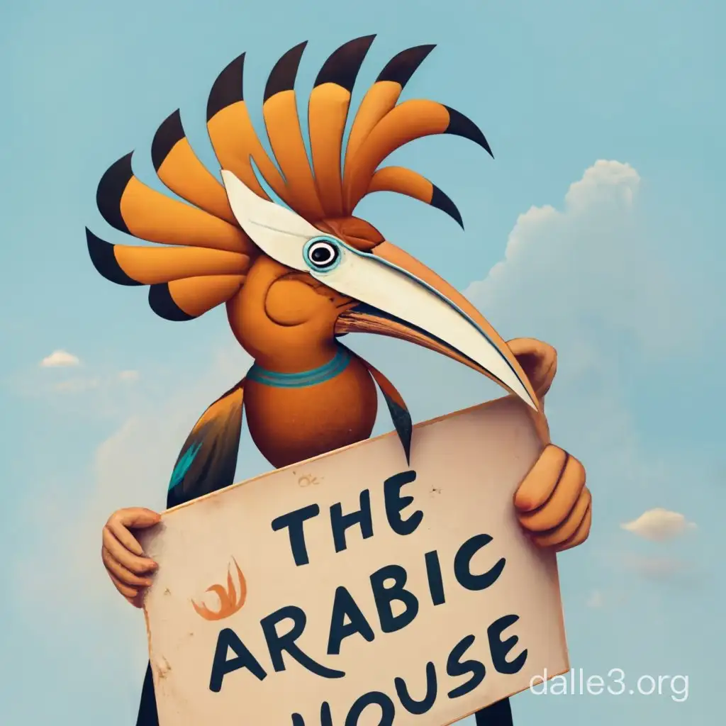 A hoopoe bird carries a sign in its mouth with the Arabic house written on it