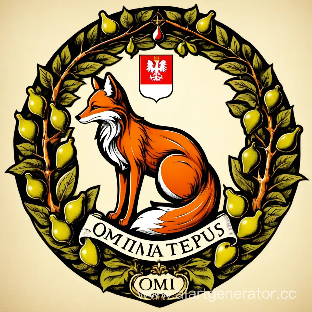 Polish-Coat-of-Arms-Fox-Resting-Under-Pear-Tree-with-Latin-Inscription