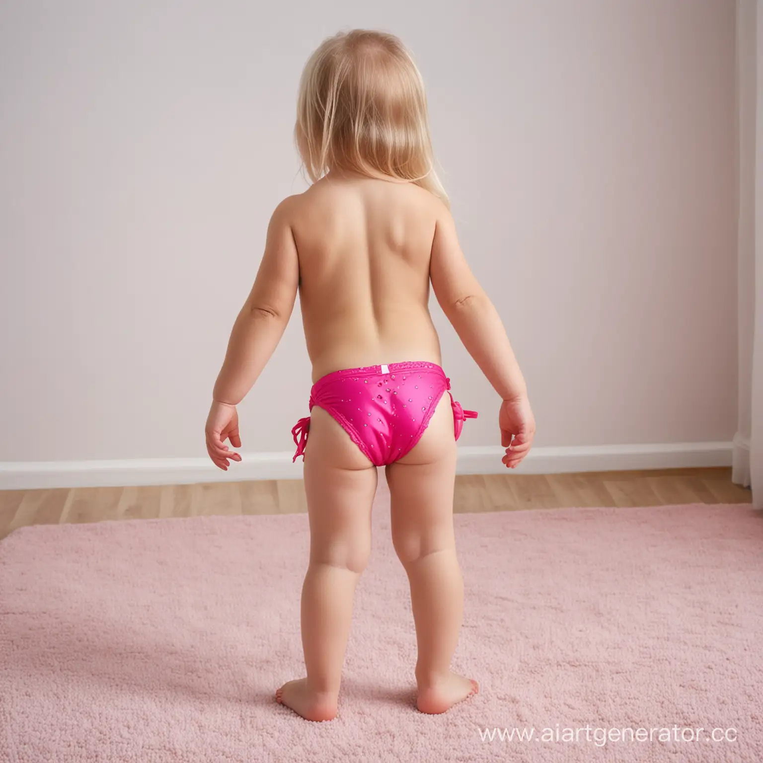 Девушка блондинка четырех лет в розовых стрингах, стоит на четвереньках