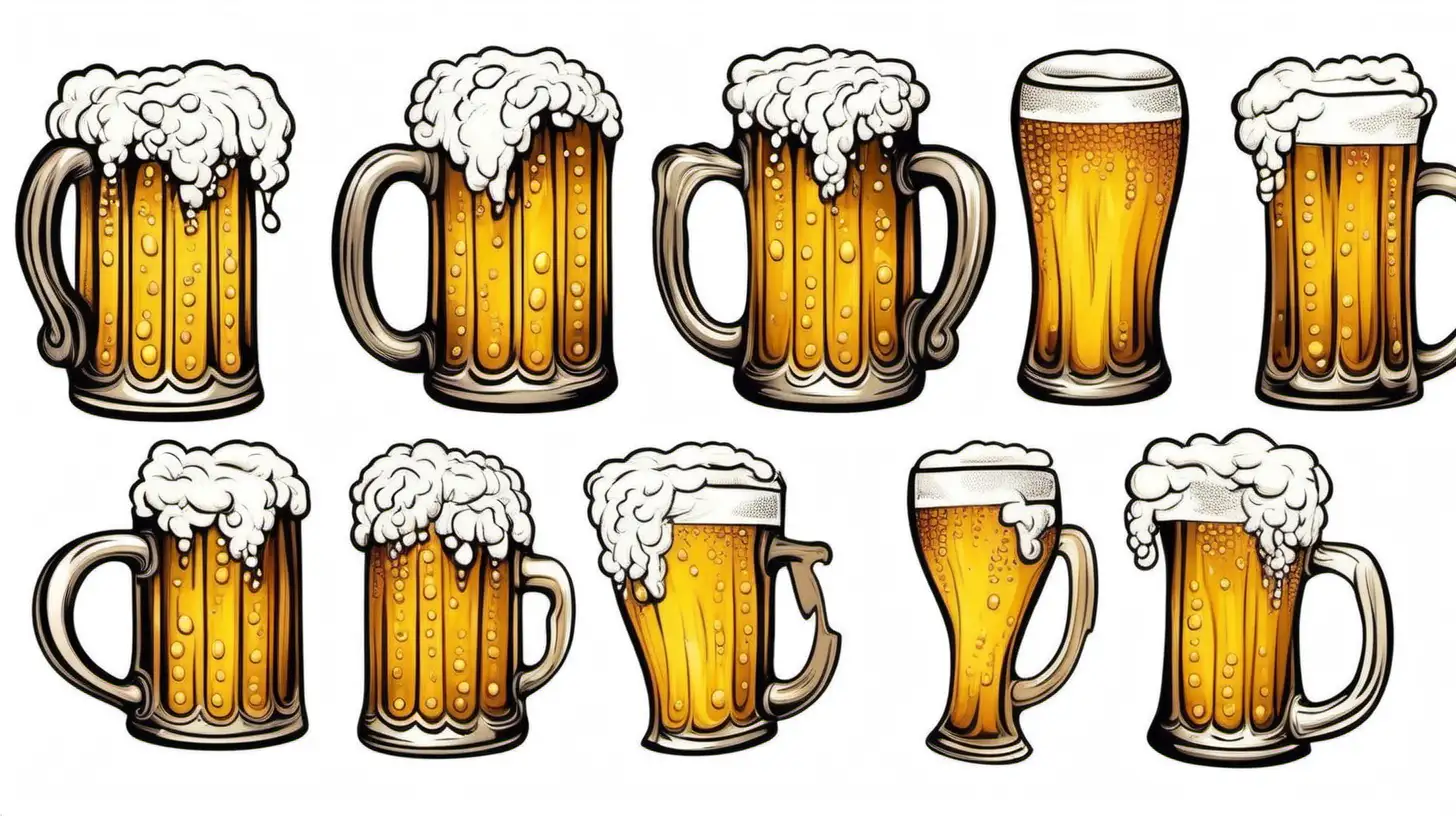 Whimsical Beer Illustrations for Clip Art on White Background