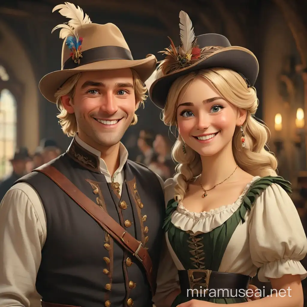 A woman and a man in German national costumes of the 19th century stand and smile, they have blond hair. The man is wearing a hat with a feather. In the style of realism, 3D animation