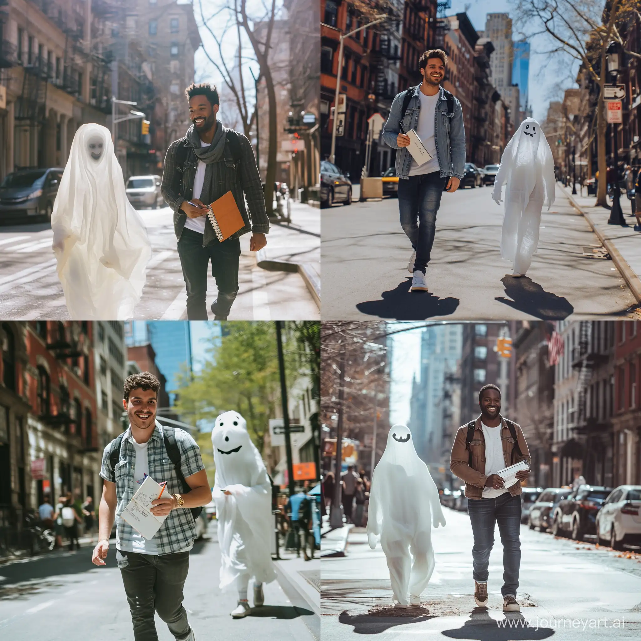 Confident-Man-Strolling-Sunny-New-York-Street-with-Friendly-Ghost