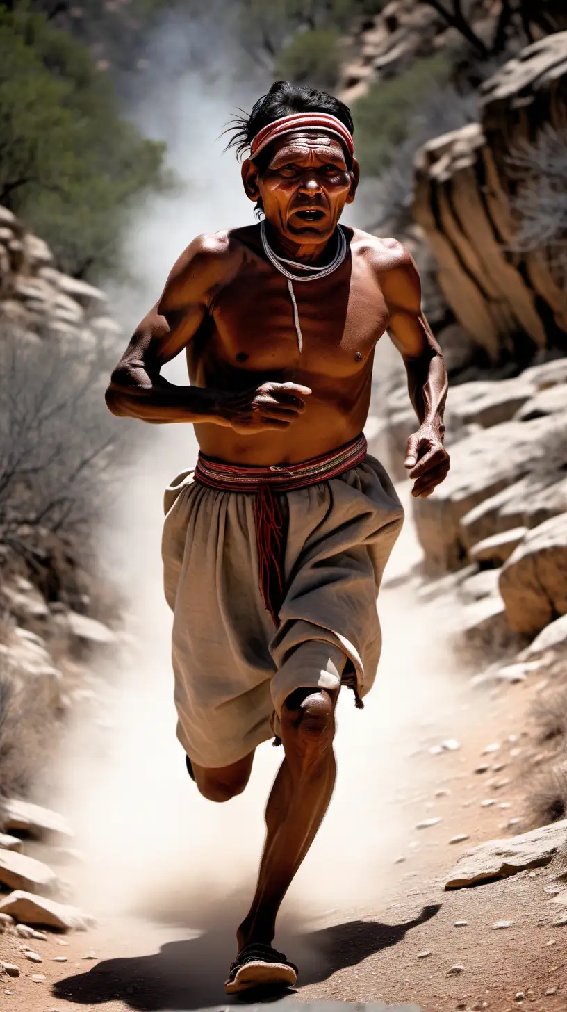 Tarahumara Man Running Effortlessly in Canyon with Glistening Sweat and Huaraches