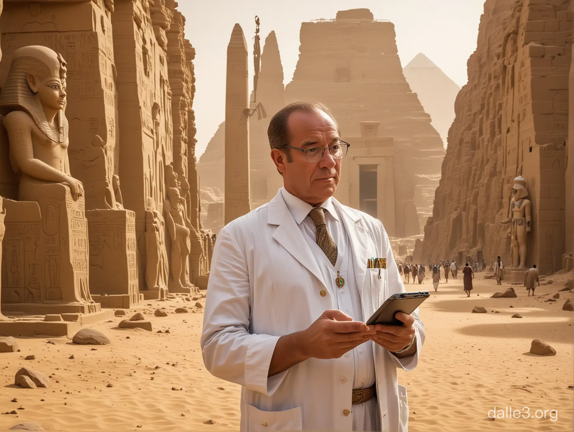 A futuristic scientist named Dr. Bo, wearing a lab coat and holding a sleek metallic time machine remote, finds himself transported to ancient Egypt amidst towering pyramids and the golden sands of the desert. The bright Egyptian sun casts long shadows across the scene. Around him are intricately decorated temples and monuments. Pharaohs donning ornate headdresses and jewel-encrusted garments observe him curiously. Some guards with spears and shields eye him with suspicion. In the center, Dr. Bo enthusiastically gestures while holding up a modern smartphone, seemingly trying to explain its functionality to the bewildered ancient Egyptians. Hieroglyphic symbols and advanced scientific equations materialize around him, colliding with the ancient iconography, representing the clash of vastly different time periods and technologies. The overall atmosphere is one of wonderment, curiosity, and the bridging of epochs as this time-displaced scientist shares modern marvels with the ancient civilization.