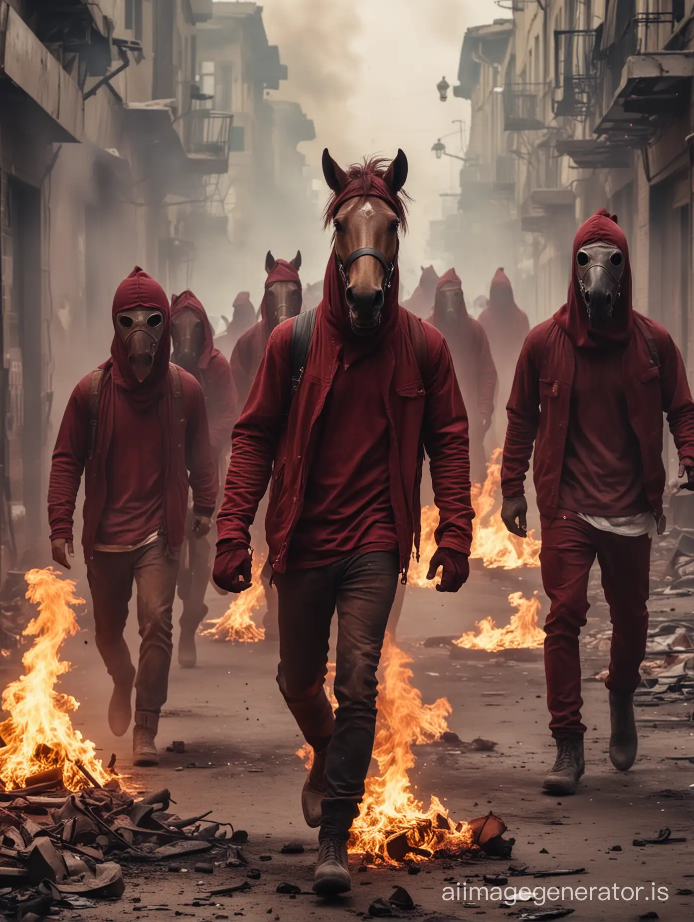 Hooligans with maroon clothes and horse heads, holding flares and run to the camera inside of a burning city