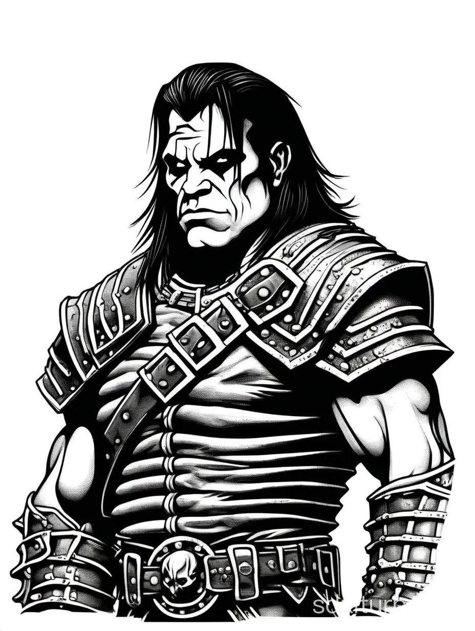 a Glenn Danzig:half-orc, (((isolated on a white background, subject only))), close up, profile, block print, black and white ink, no gradients, 2bit bw, 3px black border, no trim, style of 1980 Dungeons and Dragons, by Doug Watson,