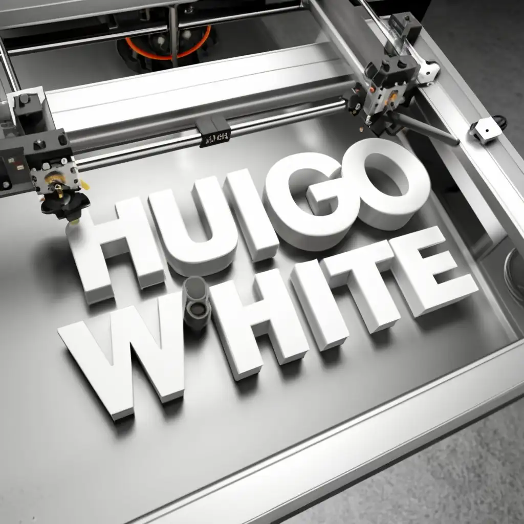 a logo design,with the text "Hugo White", main symbol:Close-up of a 3D printer nozzle extruding filament, forming my logo on the built plate. Realistic but simple in 3d,Moderate,clear background