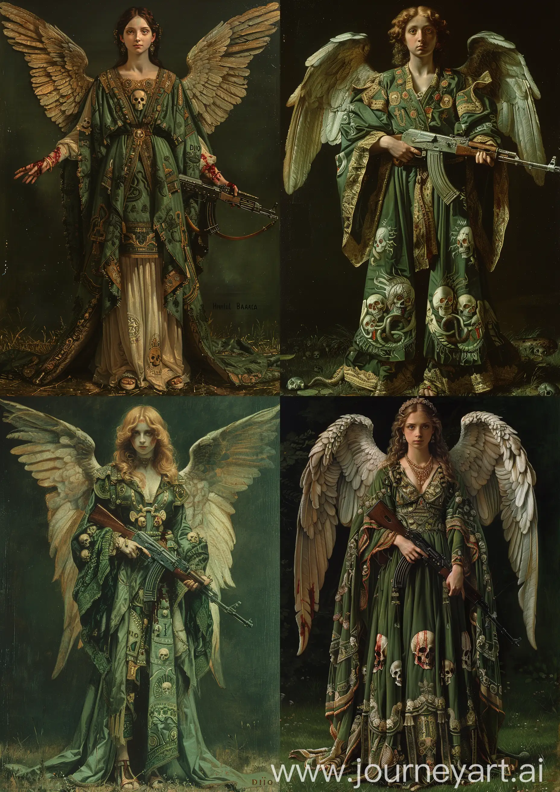 Edward Burne-Jones painting of Hannibal barca the famous queen of carthage "DIDO" having angels wings, in green ornate blood, skulls and snakes robes, welding a kalashnikov, standing on grass, earth tones, detailed, full body, --c 22 --s 750 --v 6.0 --ar 5:7


