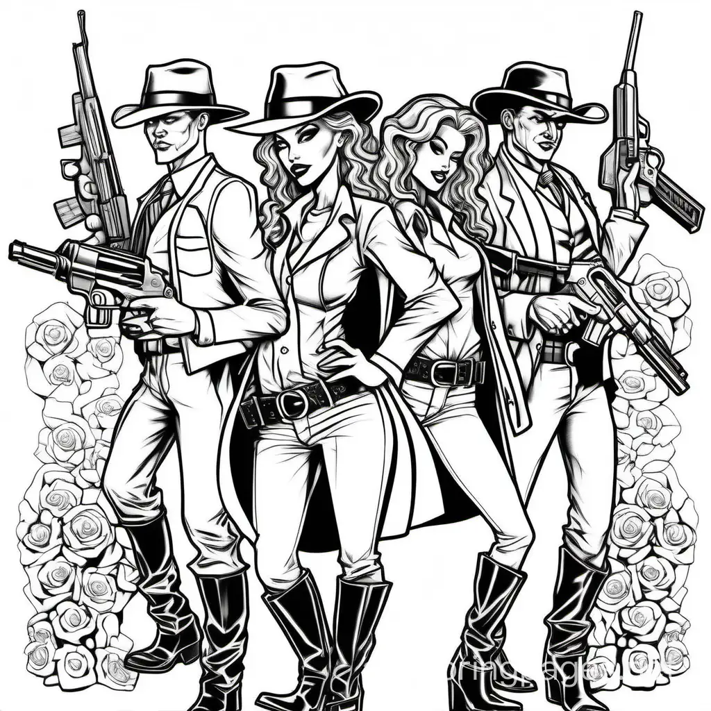 gangster brides, with gun holsters on their stocking belts, bursting in, holding semi automatic's , Coloring Page, black and white, line art, white background, Simplicity, Ample White Space. The background of the coloring page is plain white to make it easy for young children to color within the lines. The outlines of all the subjects are easy to distinguish, making it simple for kids to color without too much difficulty