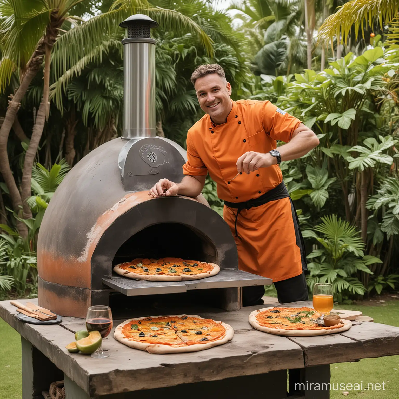a tranqil settin in a tropical garden, an outdoor kitchen, chef in a orange and black uiform smiling and making pizza in an outdoor oven, peole drinking wine and eaating pizza enjoying the relaxed ambiance