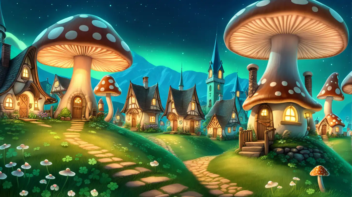 Fairytale-magical-glowing and green roundup-mushroom village with twilight sky and shamrock-roofs and shamrock lawns