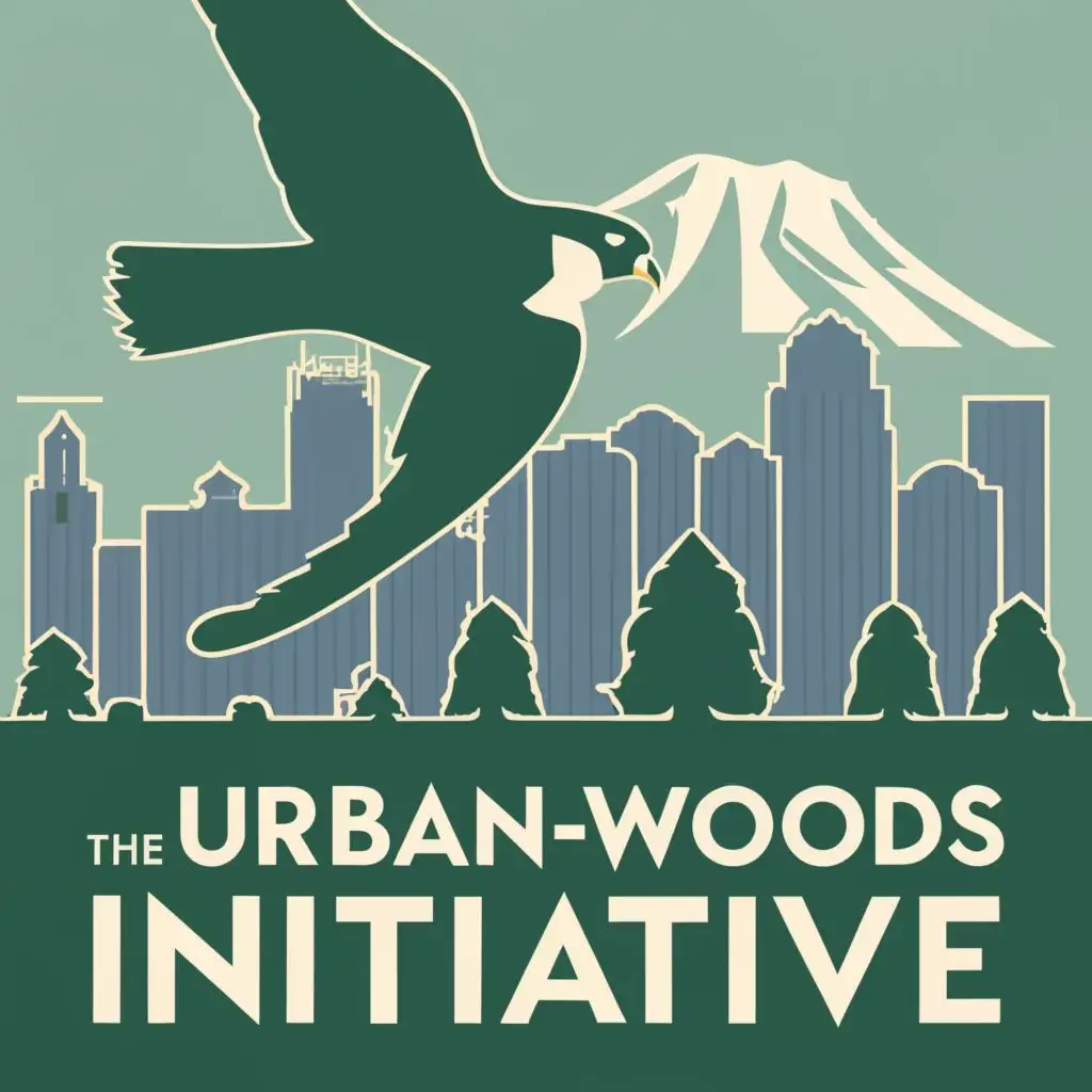 logo, Skyscraper skyline, coniferous pine trees, flying peregrine falcon, mount rainier, with the text "The Urban-Woods Initiative", typography