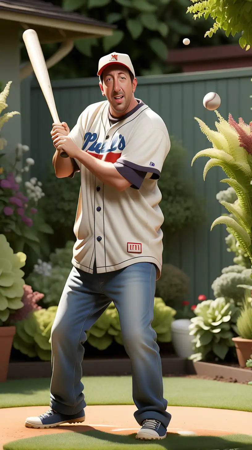 Adam sandler playing baseball, in his garden