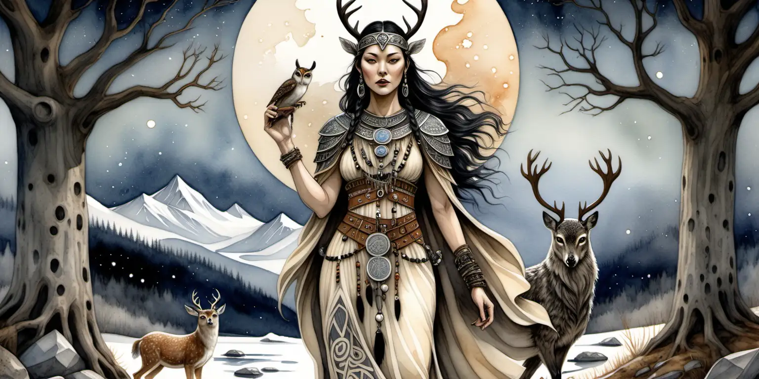 Norse Goddess with Deer Antlers Enchanting Watercolor Painting