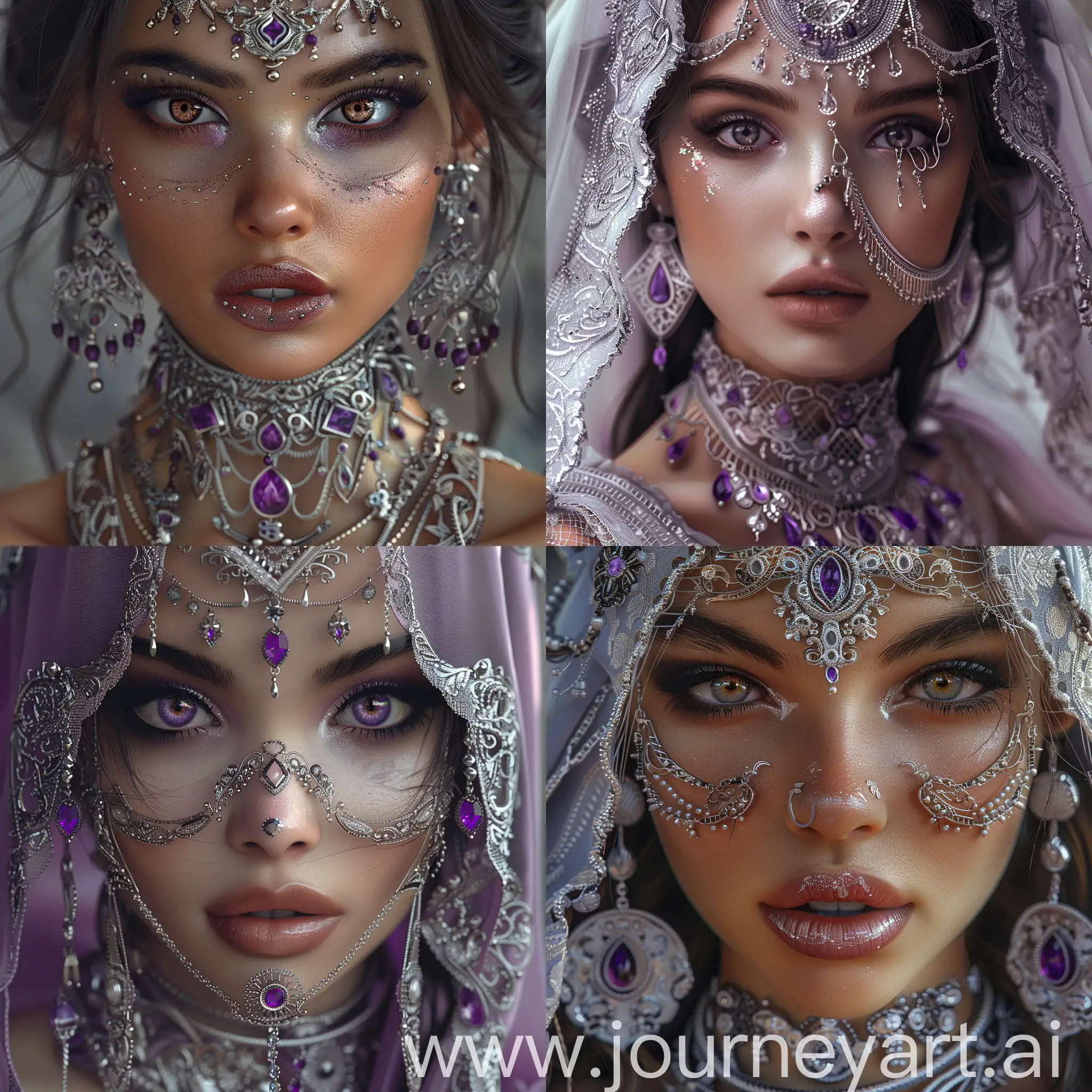 Hyperrealistic-Bohemian-Portrait-of-DarkEyed-Arabic-Beauty-with-Intricate-Silver-and-Amethyst-Jewelry