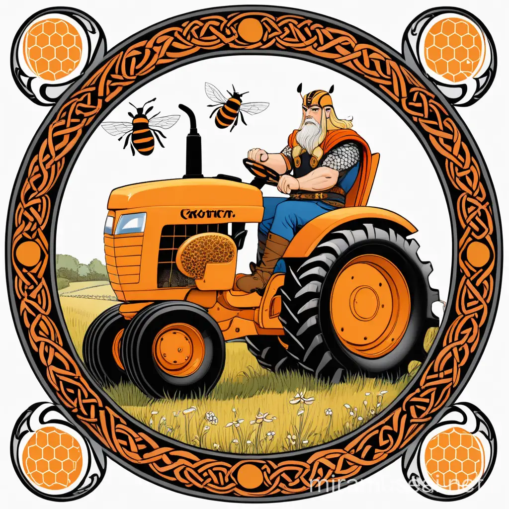 Thor driving orange tractor, bees around. Round shape Celtic border

