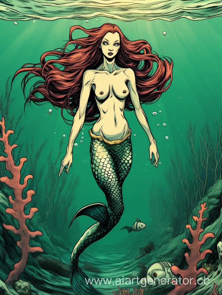 A fully naked skinny young mermaid monster woman with a narrow waist and a wide basin swims underwater to a drowning sailor