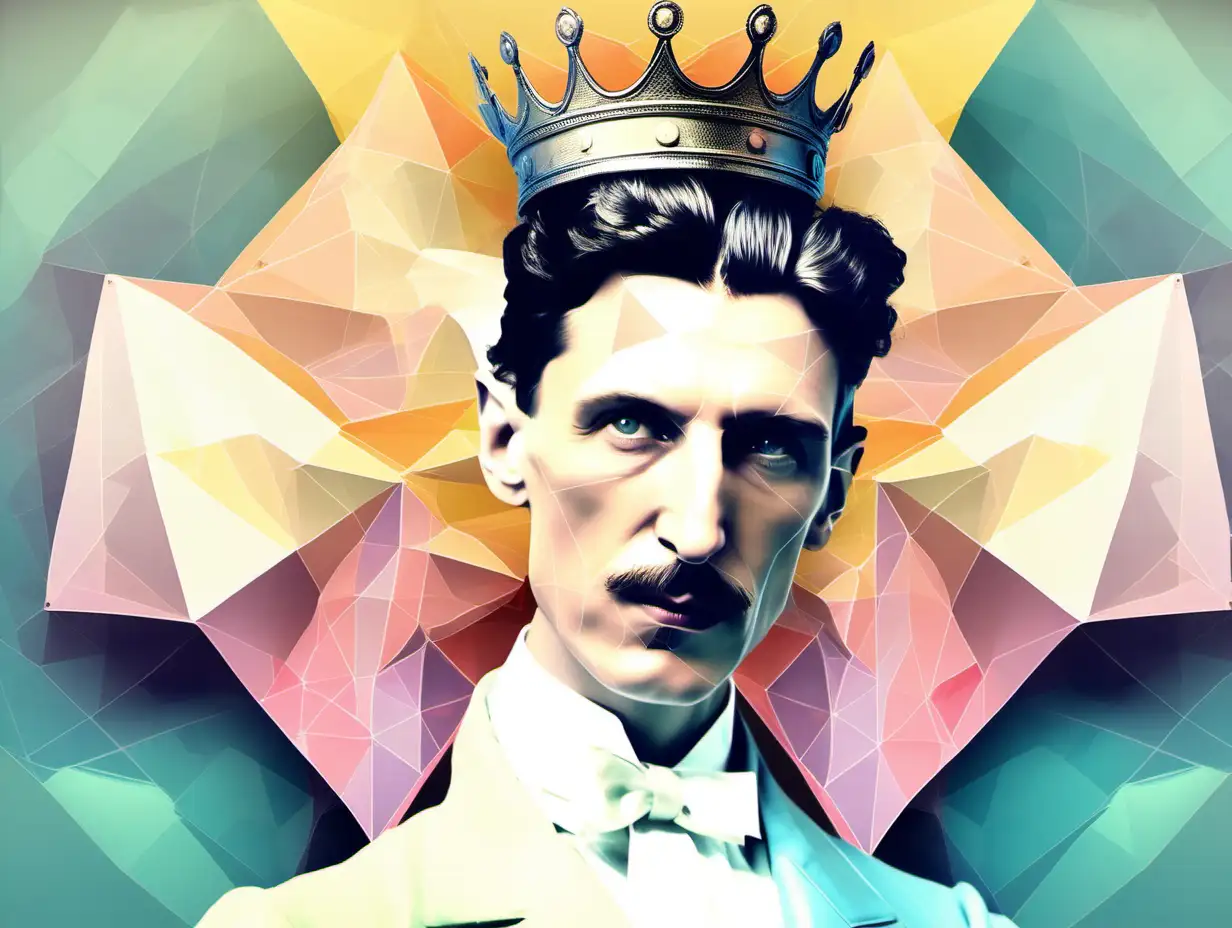 young nicola tesla face as queen diva like i told you so.. next to his face an idea lamp polygon shapes pastel colours
white background 