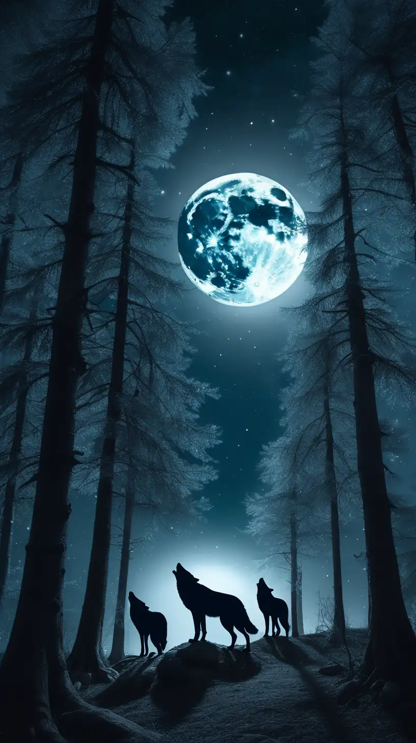 create an image of a night forest WITH THE MOON and wolves