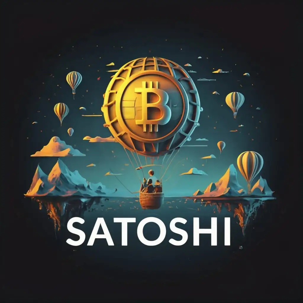 a logo design, with a realistic looking hot air balloon with the bitcoin symbol on the side of the balloon. Satoshi Nakamoto is in the balloon, since we don't know who that is their face should not be identifiable but we should be able to see them inside the basket. The balloon is airborne floating through the blockchain like fantasy land,Complex,be used in Technology industry,clear background