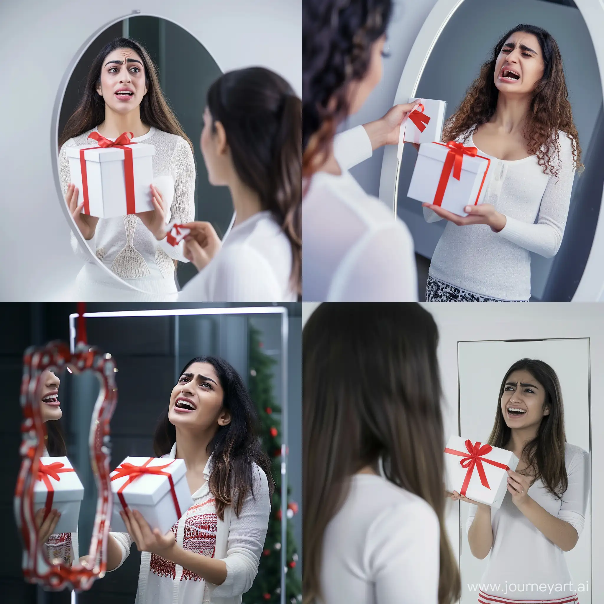 A happy 30-year-old Iranian woman holds a white gift box with a red ribbon in her hand and stands in front of the mirror and sees herself upset in the mirror.