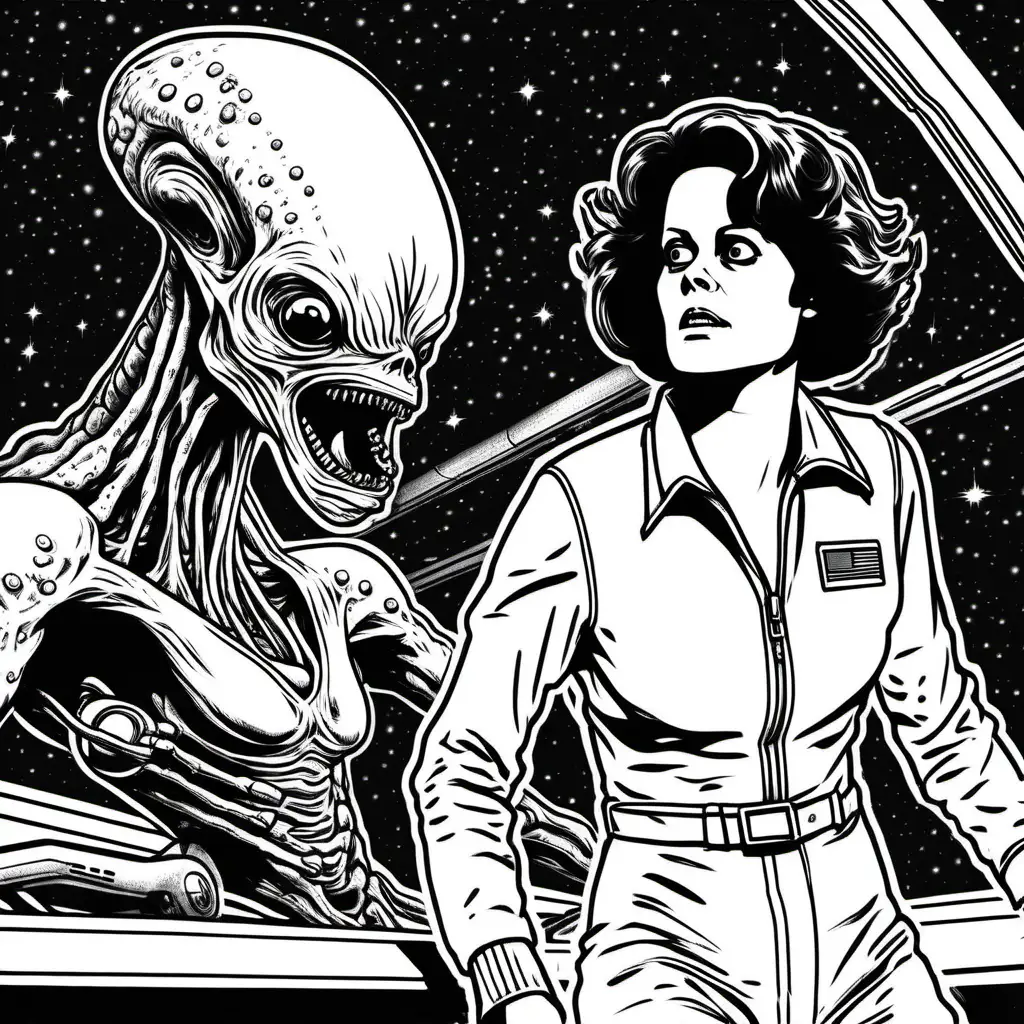 black and white drawing of frightened sigourney weaver and one scary alien on spaceship, all wearing white for coloring