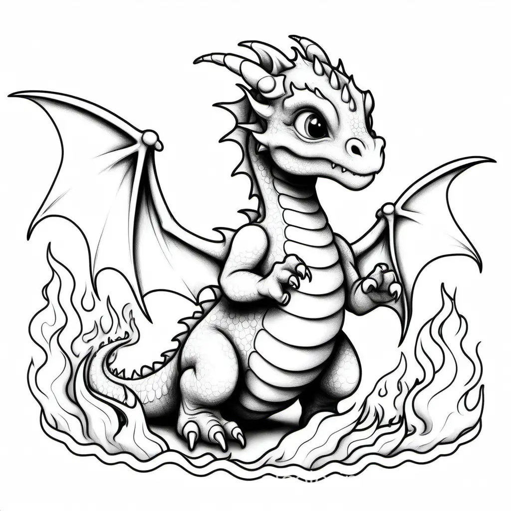 realistic baby dragon learning to breathe fire , Coloring Page, black and white, line art, white background, Simplicity, Ample White Space. The background of the coloring page is plain white to make it easy for young children to color within the lines. The outlines of all the subjects are easy to distinguish, making it simple for kids to color without too much difficulty