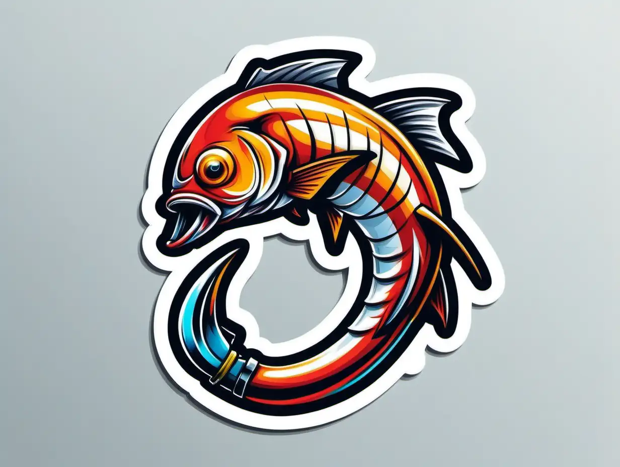 Fishing Hook Sticker, Content, Bold Colors, Graffiti, Contour, Vector, White Background, Detailed