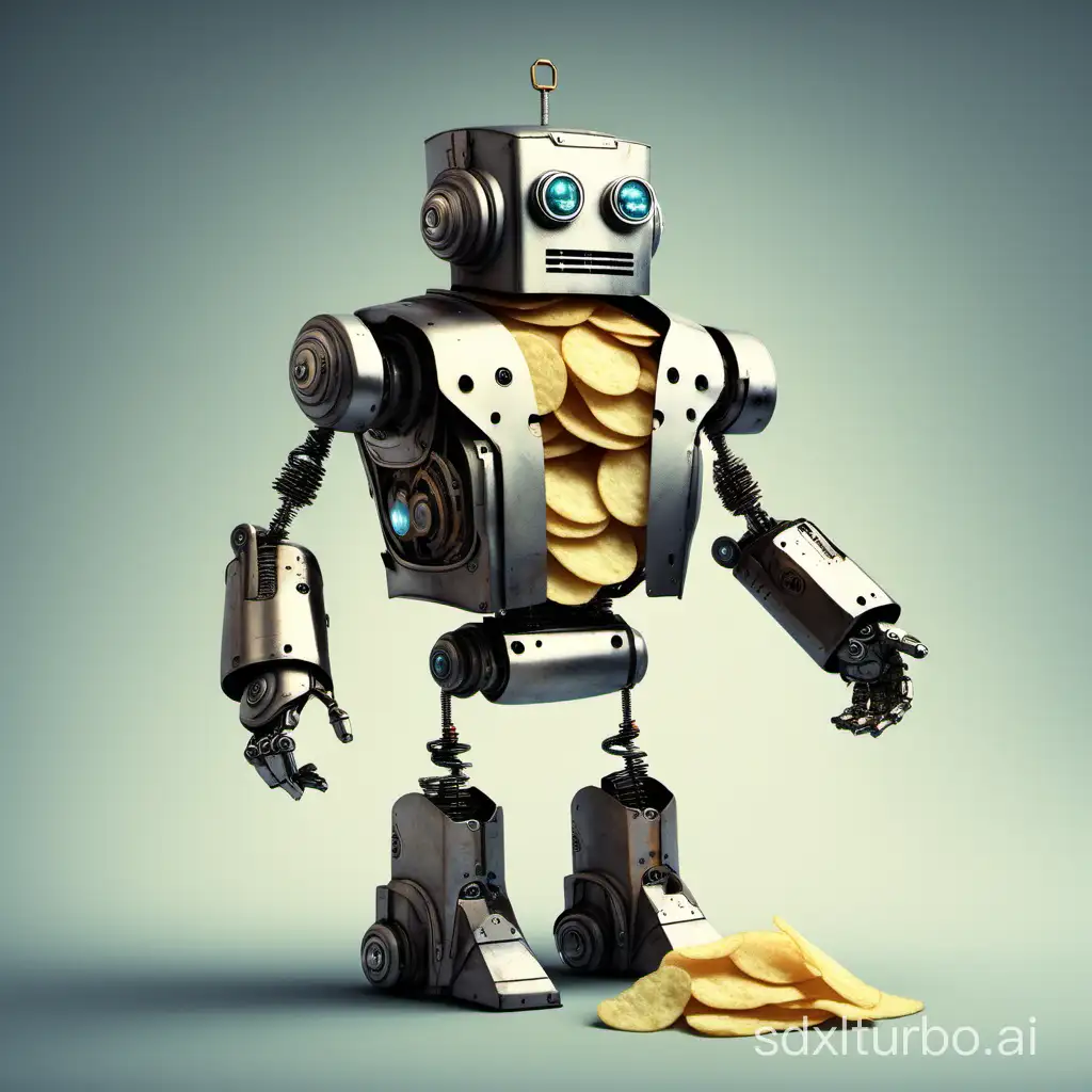An iron robot, with potato chip in his clothes.