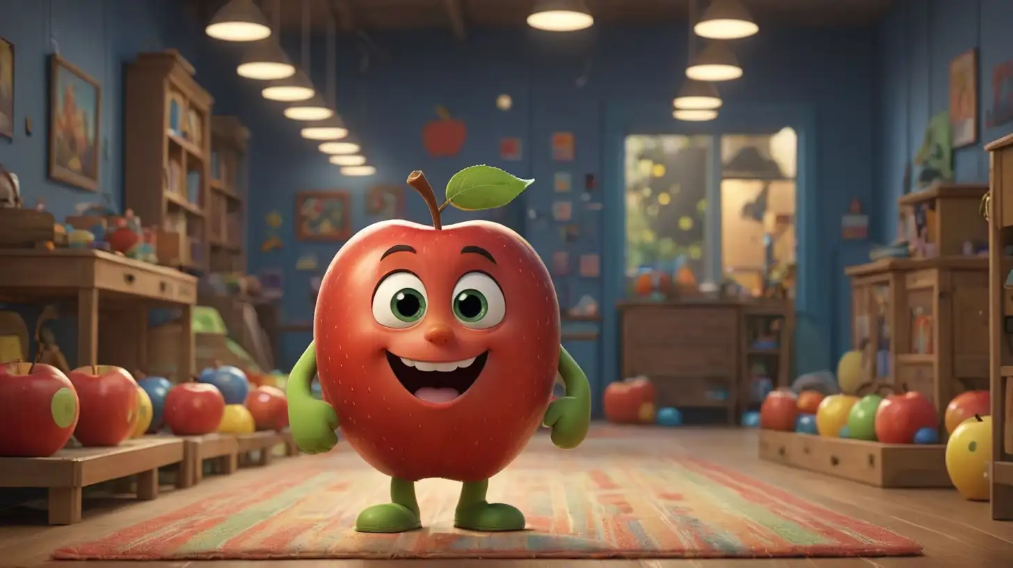 A little cute  apple walks in a children's room like it's doing a fashion show, pixar movie style, at night