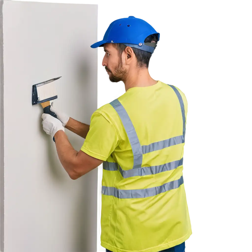 construction worker wearing a green uniform and safety vest painting a wall using white paint