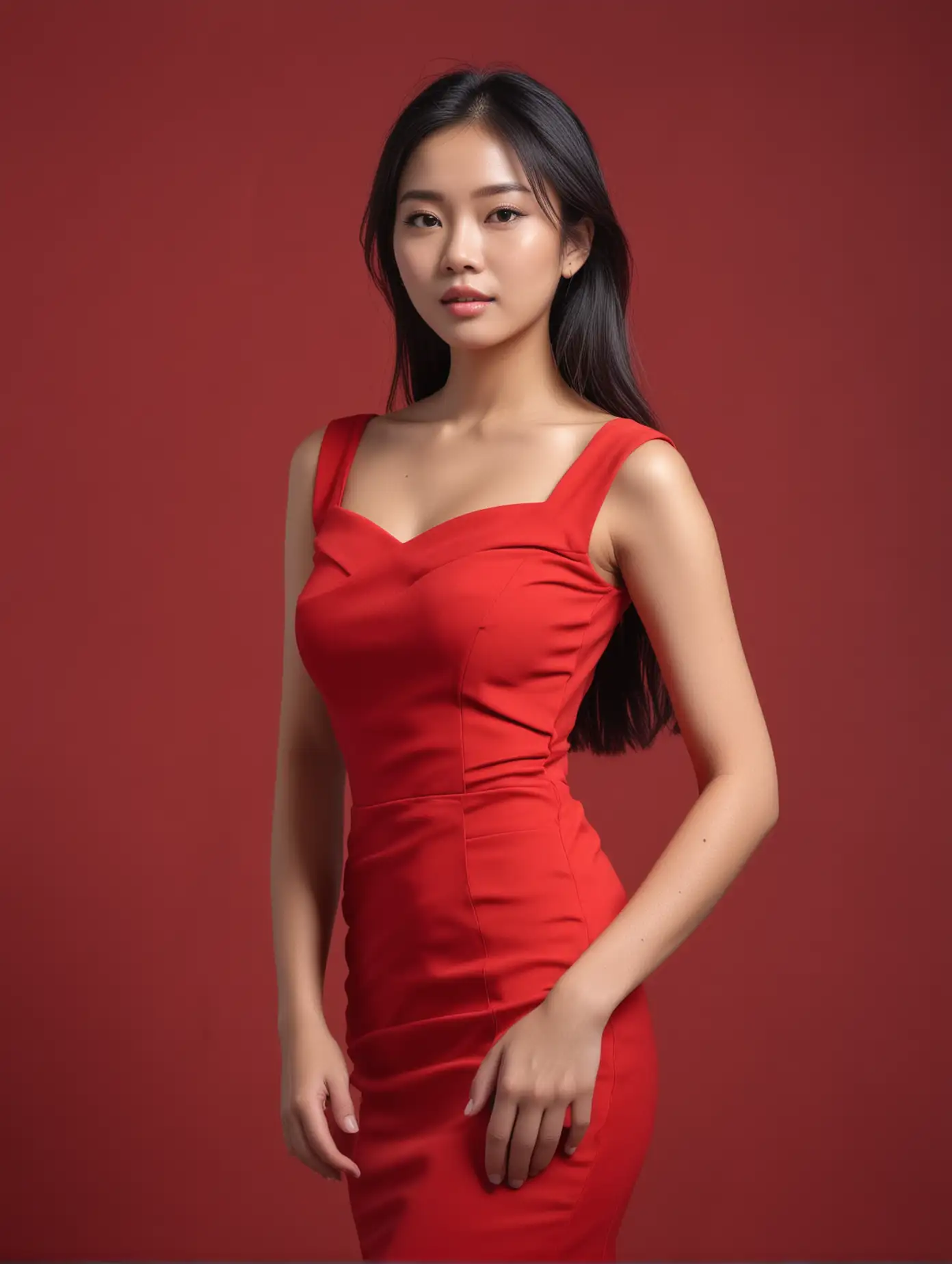 Vietnamese Female Model in Red Dress Against Monochromatic Background