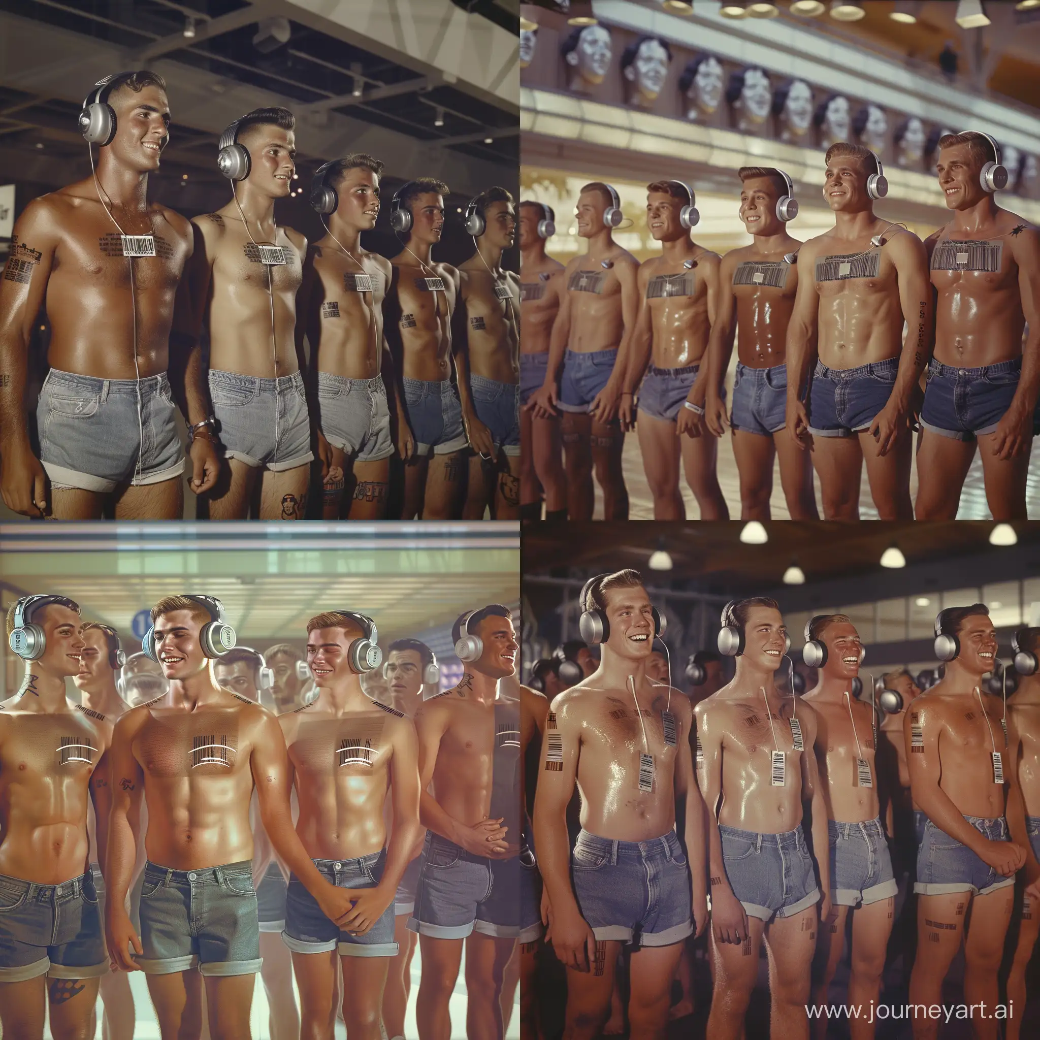 Handsome muscular middle-aged men and handsome muscular college-age boys each wear silver headphones and fitted denim cutoff shorts, dazed smiles, small barcode tattooed on each man's chest, 1950s shopping mall setting, facing the viewer, mass indoctrination, color image, hyperrealistic, cinematic