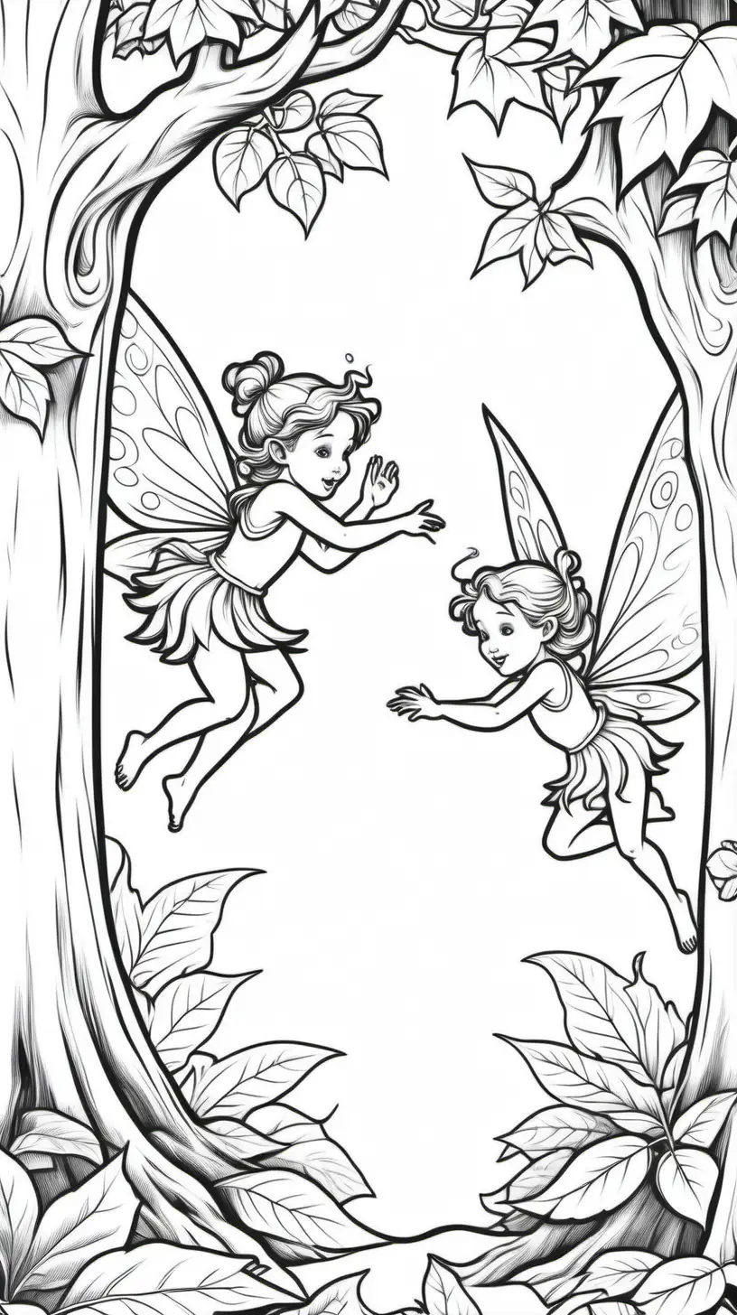 coloring page for kids, fairies hiding in the trees, no shading,