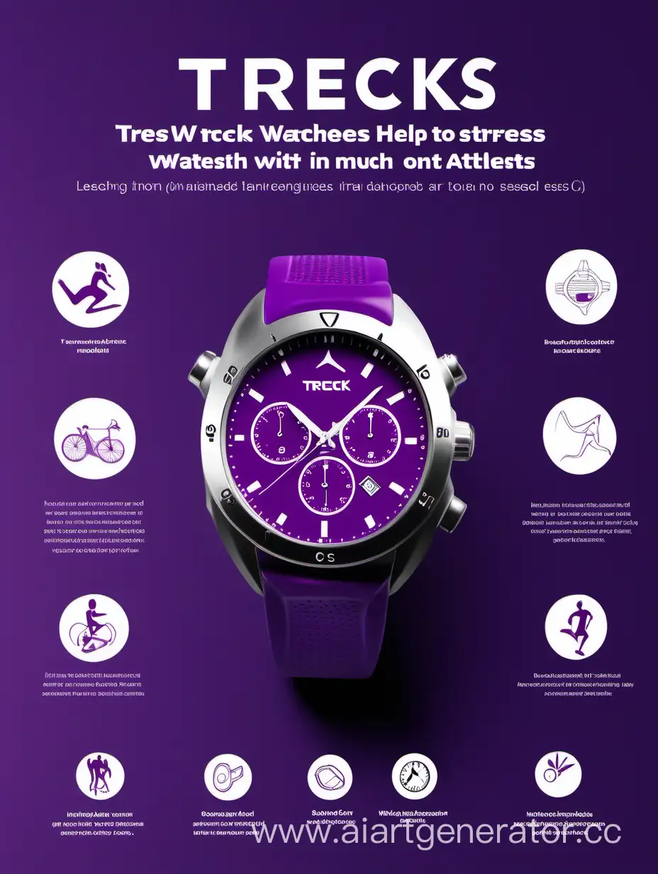 постер для представления продукта с названием treckS.  Часы для помощи спортсменам справиться со стрессом. отражает логотип, есть фото, описание, преимущества, функции. Не много текста, фиолетовый