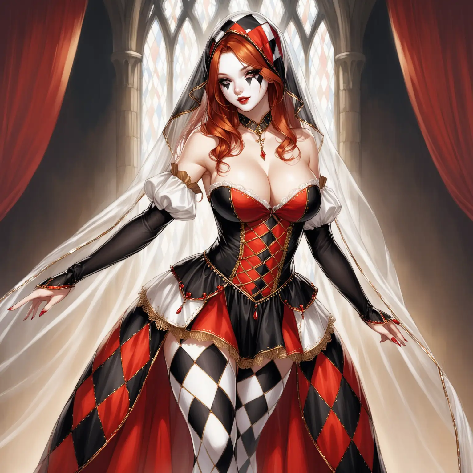 a veiled in sashes, sexy harlequin beauty , golden auburn hair, large breasted dancer, wearing silken sheer black red and white medieval harlequin , topless,