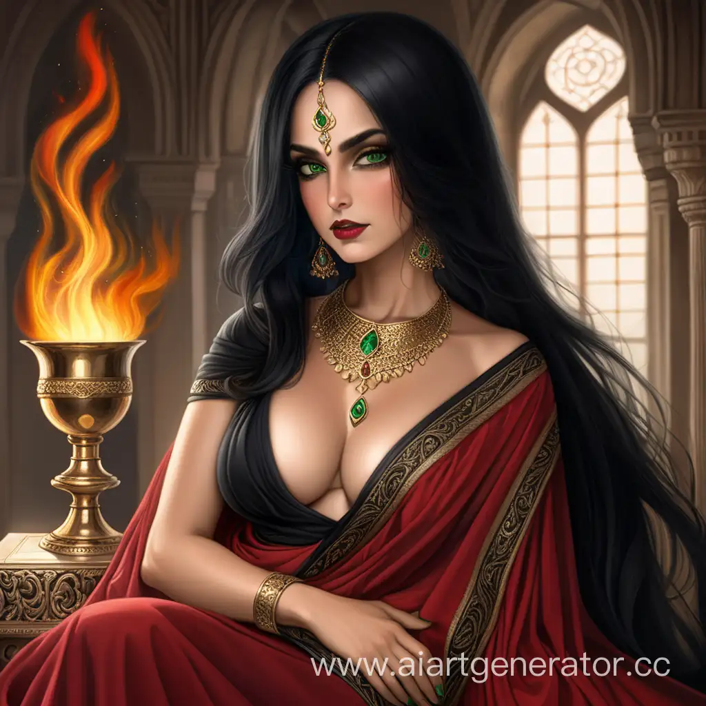 Sensual-Persian-Empress-with-Lush-Black-Hair-in-Transparent-Red-Sari