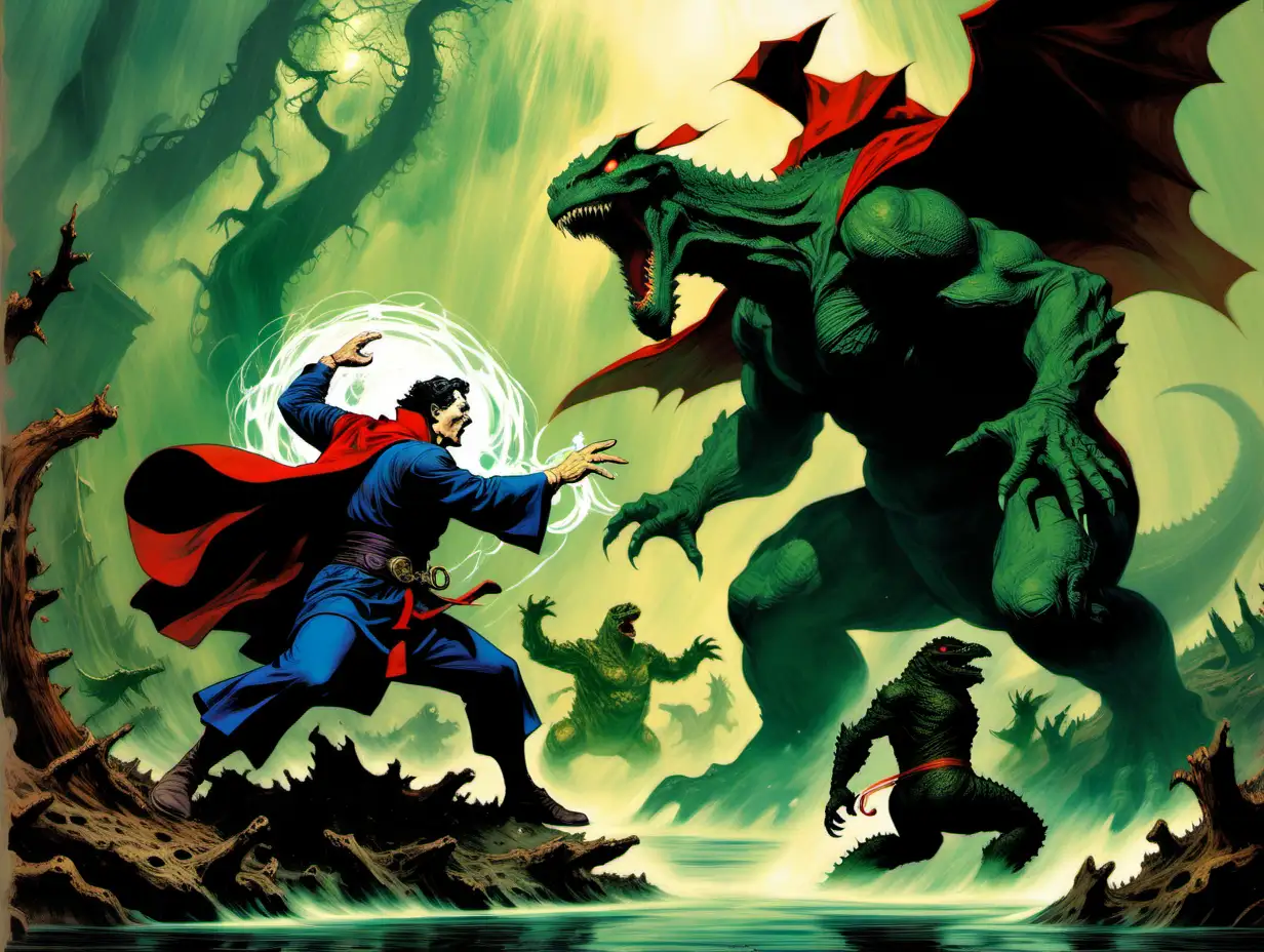 Epic Battle Doctor Strange Confronts Godzilla in Enchanting Swamp