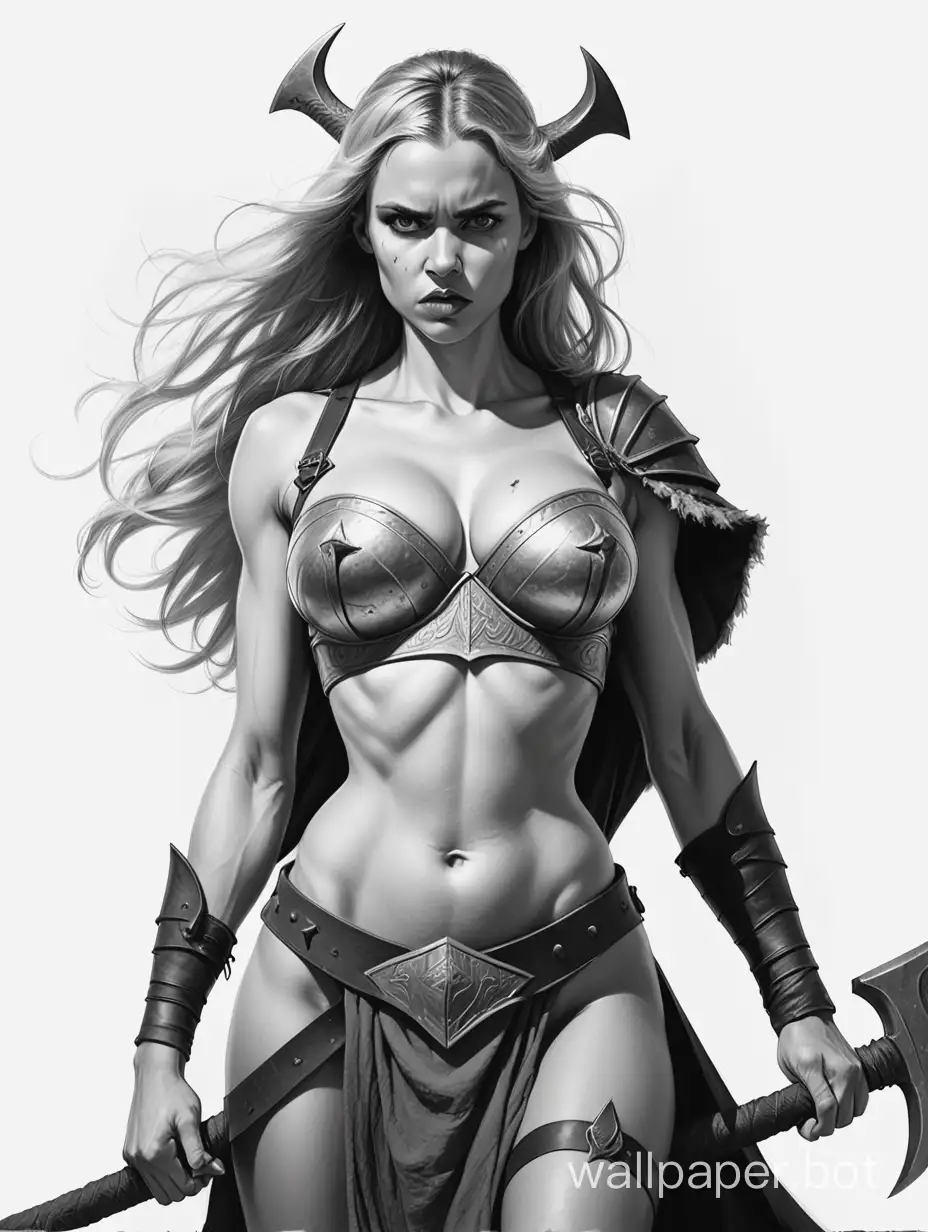 young Julia Steingruber. large chest. narrow waist. valkyrie axe. Mauritanian revealing clothing. White background. Black and white sketch. in full height. large chest. narrow waist. wide hips. Quality 8K. White background. Black and white sketch. battle against vampire