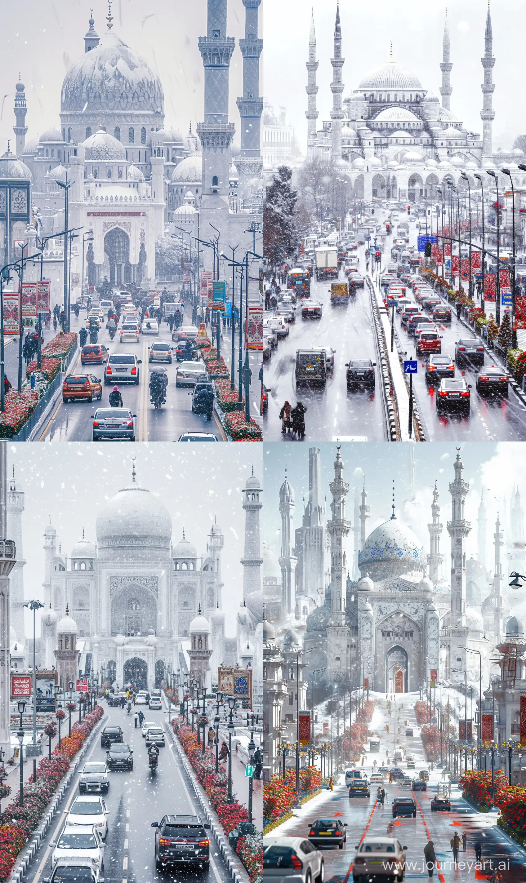 Realistic cityscape photography: a city full of medieval beautiful Islamic architectures and mosques, white marbled with red blue floral motifs, traffic and people on planned roads having signboards and bollards and flowers and street lamps, snowfall --ar 3:5 --v 6