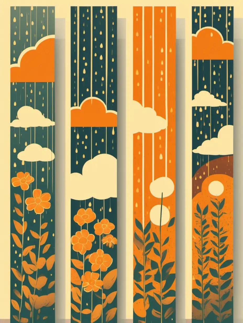 set of orange floral banners with clouds, rain falling and sunshine, in the style of mid-century illustration, color field, ephraim moses lilien, 1970s, nostalgic illustration, mundane materials, minimalist stage designs --v 5. 2 --style raw