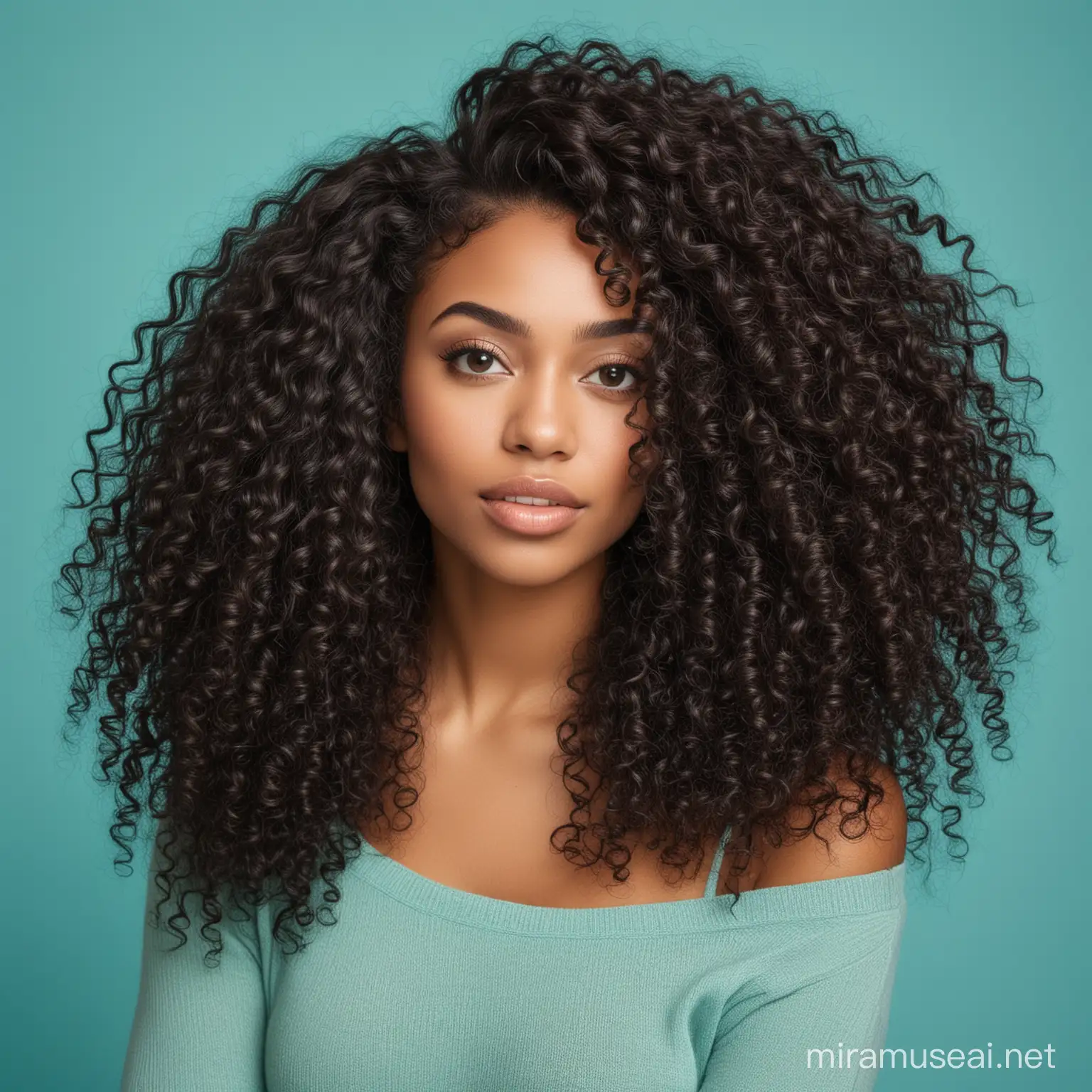 beautiful black woman with curly long hair in a teal background