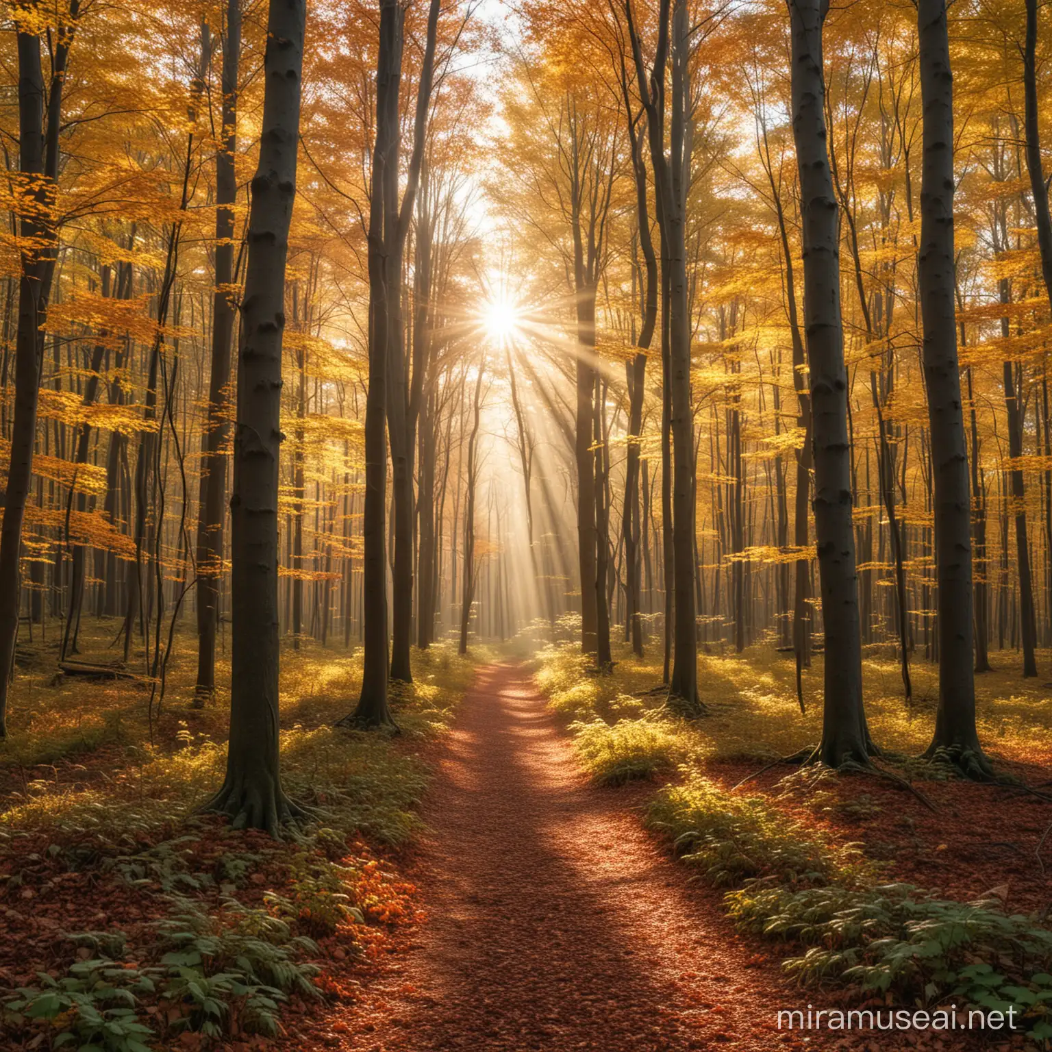 an autumn colored forest with sunrays beaming through leaves