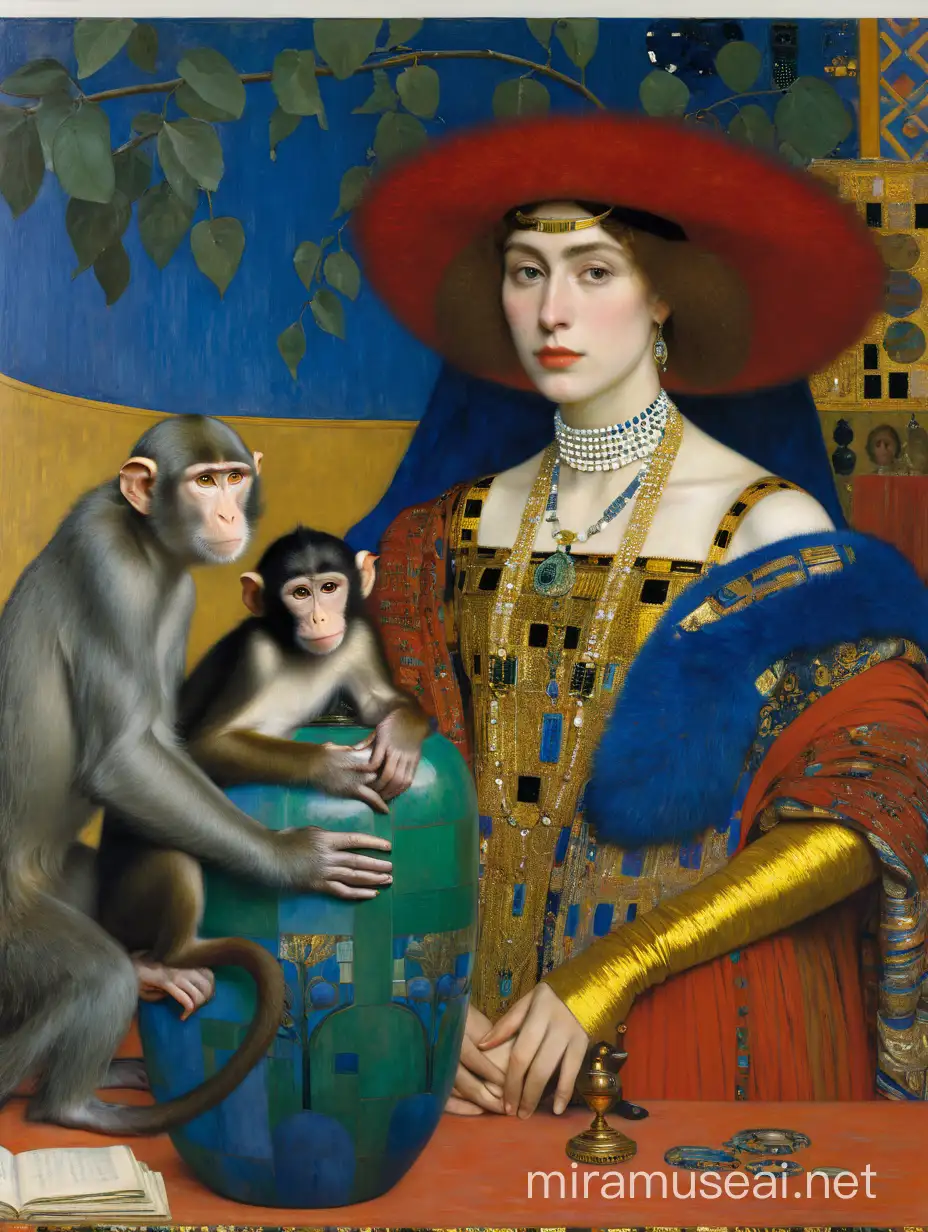 Artists Portrayal of a Young Woman with a Monkey and a Robot