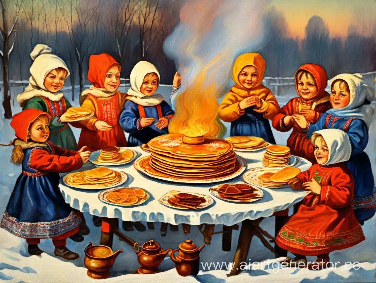 Maslenitsa-Celebration-Children-Dancing-Around-Pancake-Table